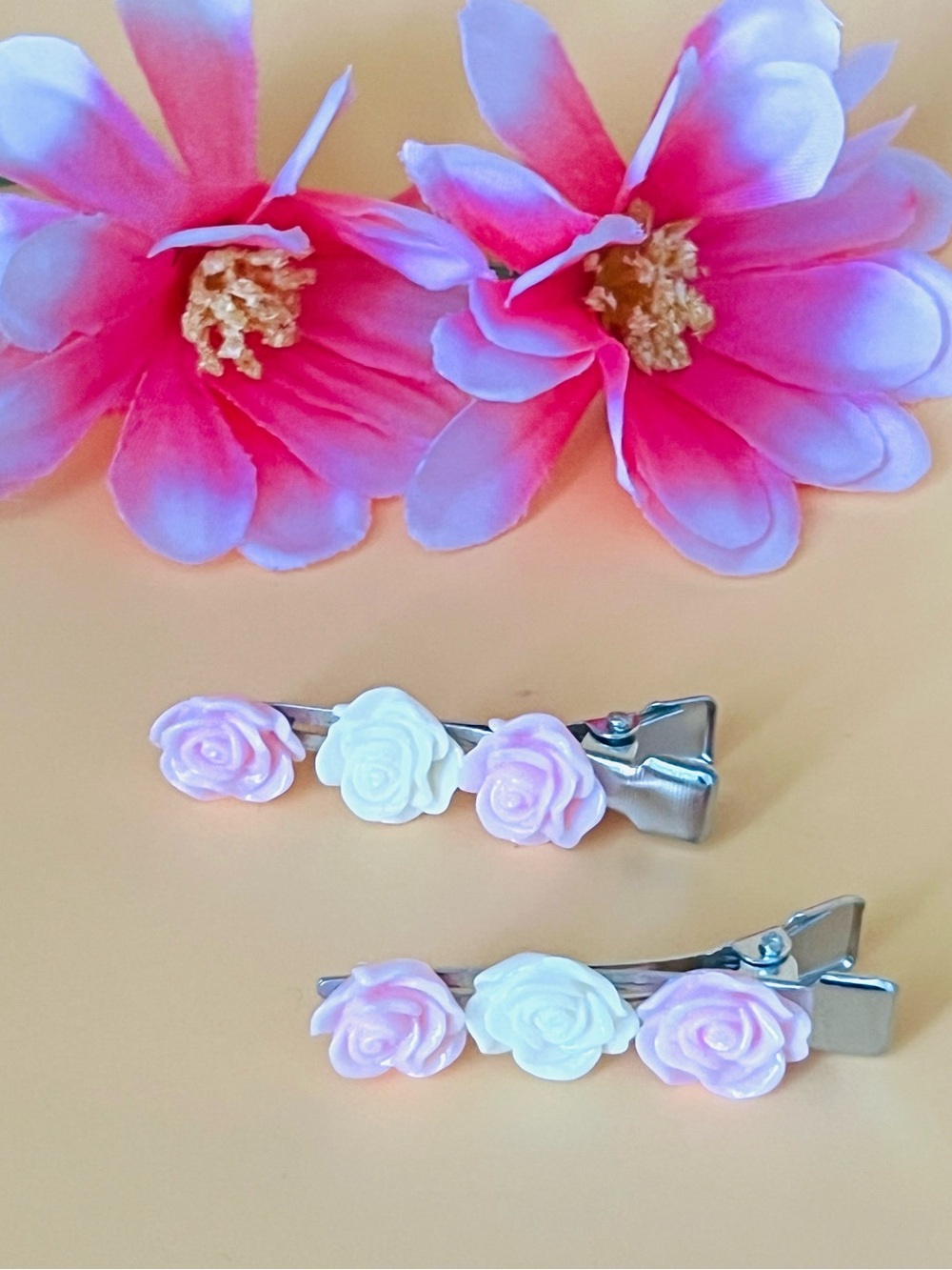 Floral Hair Clips with Pink and Cream resin Roses